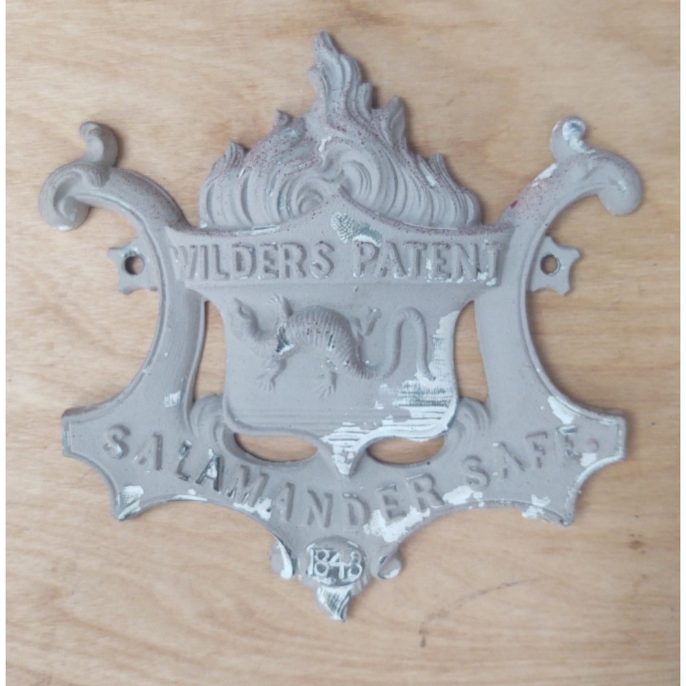 Antique Wrought Iron Safe Plaque WILDER'S PATENT SALAMANDER SAFE 1848 7" X 6.5"